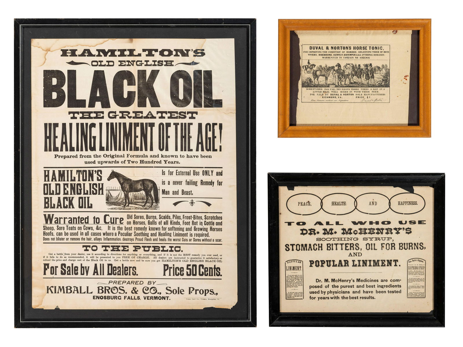 [ADVERTISING]. A group of 3 broadsides promoting oils, linaments, and tonics for humans and animals, (1 of 4)