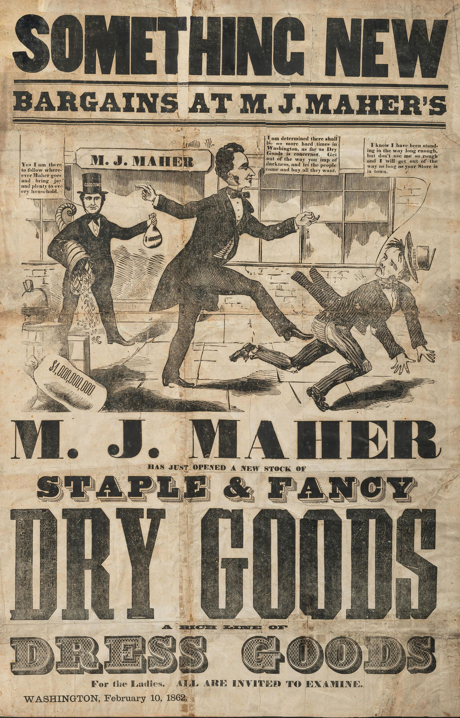 [ADVERTISING]. Bargains at M.J. Maher's Dry Goods. Washington, D.C.: N.p., 10 February 1862.  (1 of 1)