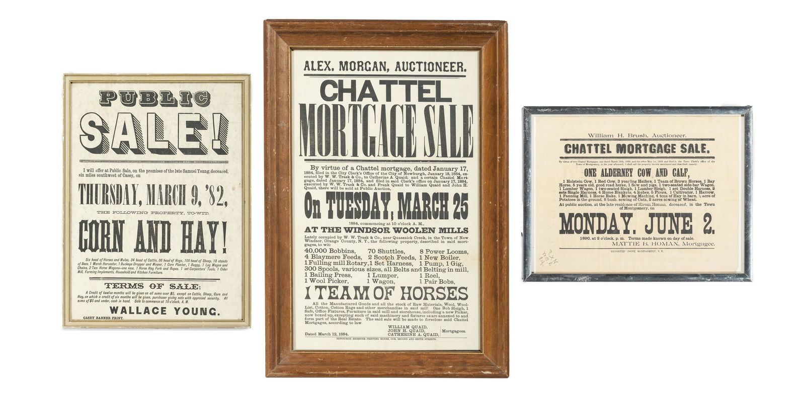 [ADVERTISING]. A group of 3 broadsides promoting chattel mortgage auctions and public sales of (1 of 1)