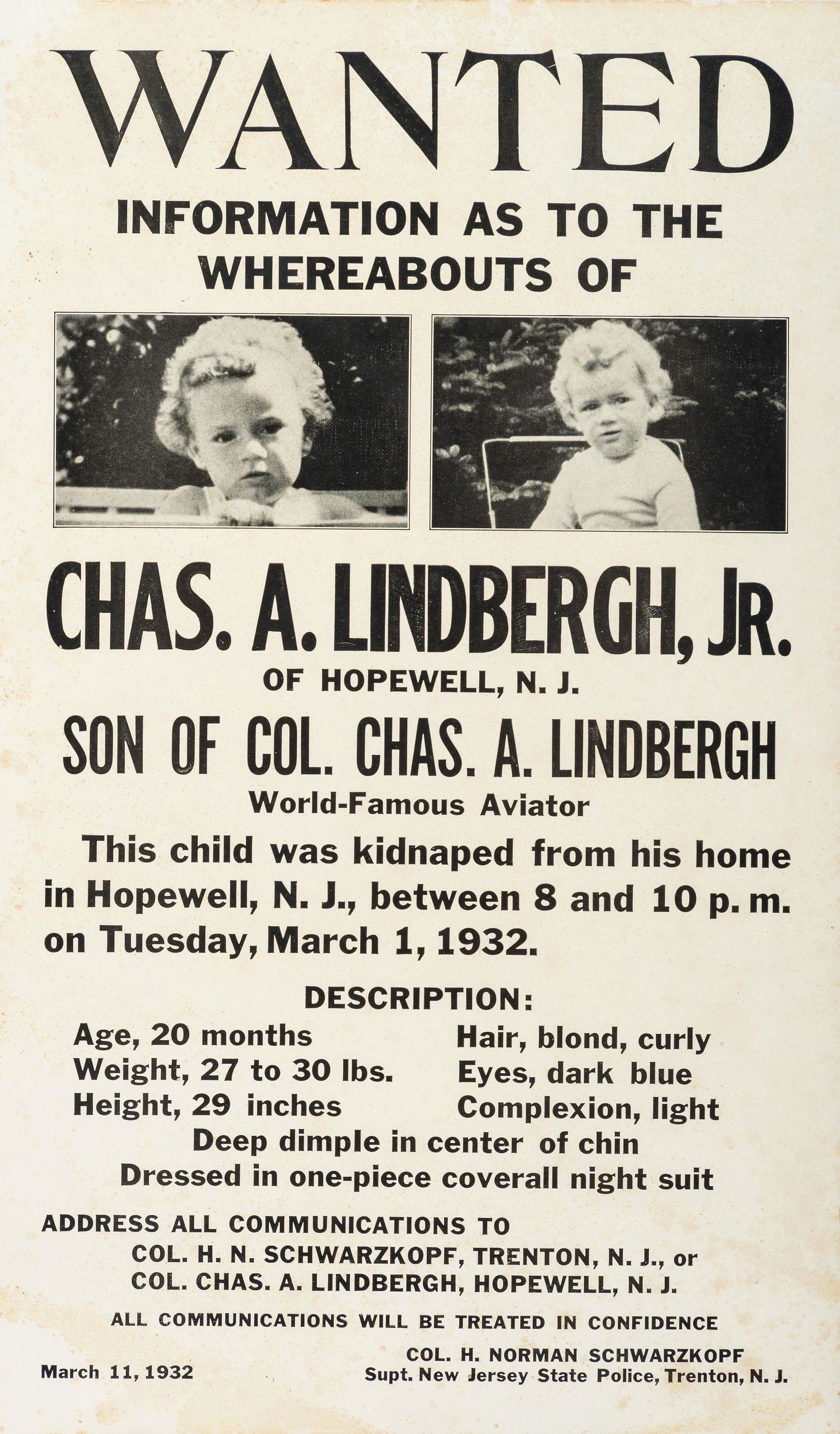 [CRIME & PUNISHMENT]. Wanted. Information as to the Whereabouts of Chas. A. Lindbergh, Jr. [New (1 of 1)