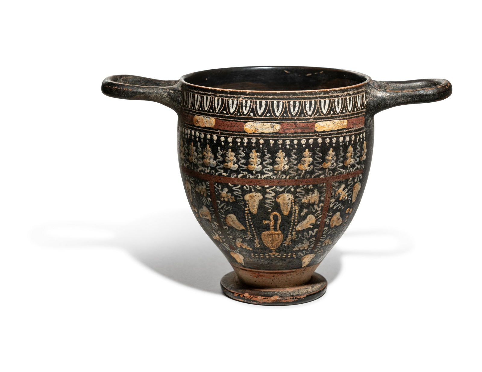 An Apulian Gnathian-Ware Skyphos : An Apulian Gnathian-Ware Skyphos Circa 4th Century B.C. Height 4 3/4 inches (12 cm). Property from Mr. Radu Moldovan, Skokie, Illinois Provenance: B.C. Holland Gallery, Chicago, Illinois. Jonath