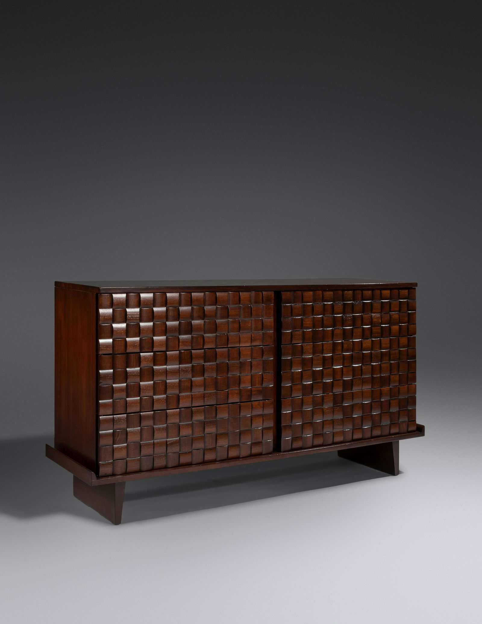 Paul Laszlo (1900-1993) Basket Weave Cabinet, Brown Saltman, USA: Paul Laszlo (1900-1993) Basket Weave Cabinet, Brown Saltman, USA walnut with manufacturer's label H 33 x W 59 1/4 x D 18 inches Provenance: Gary Rubinstein Antiques, New York/Miami