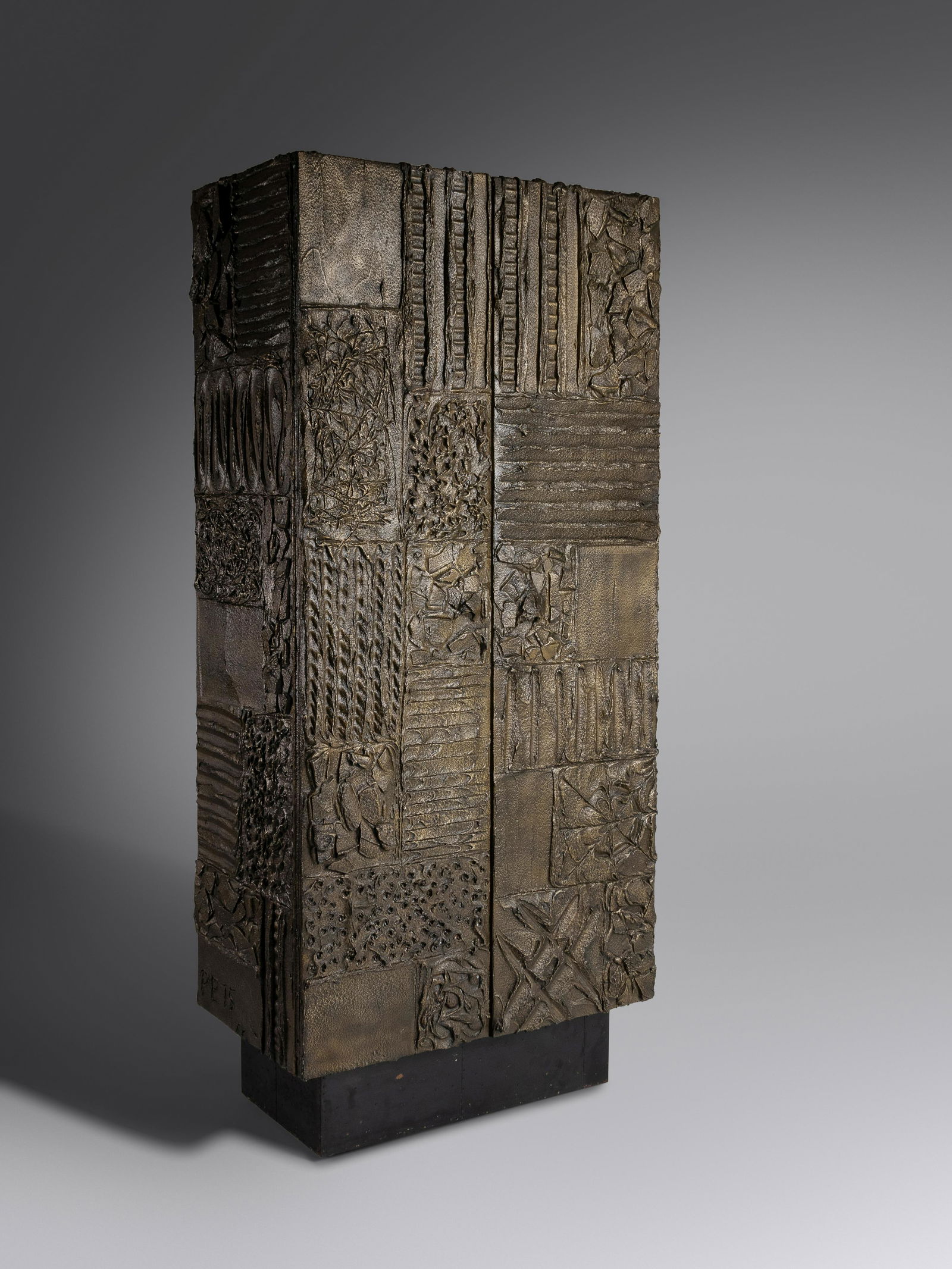 Paul Evans (1931-1987) Sculpted Bronze Cabinet, c. 1975 Paul Evans Studio for Directional, USA: Paul Evans (1931-1987) Sculpted Bronze Cabinet, c. 1975 Paul Evans Studio for Directional, USA bronzed resin over wood signed 'PE 75' H 80 x W 36 x D 21 inches