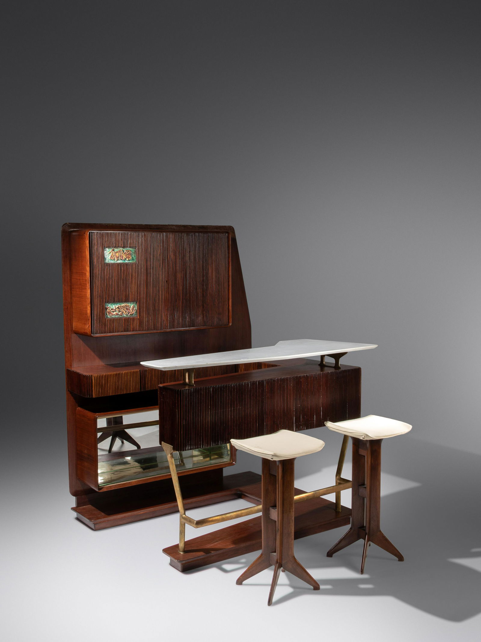 Osvaldo Borsani, Attribution  (Mid 20th Century) Bar Cabinet and Pair of Bar Stools, c. 1950 (1 of 3)