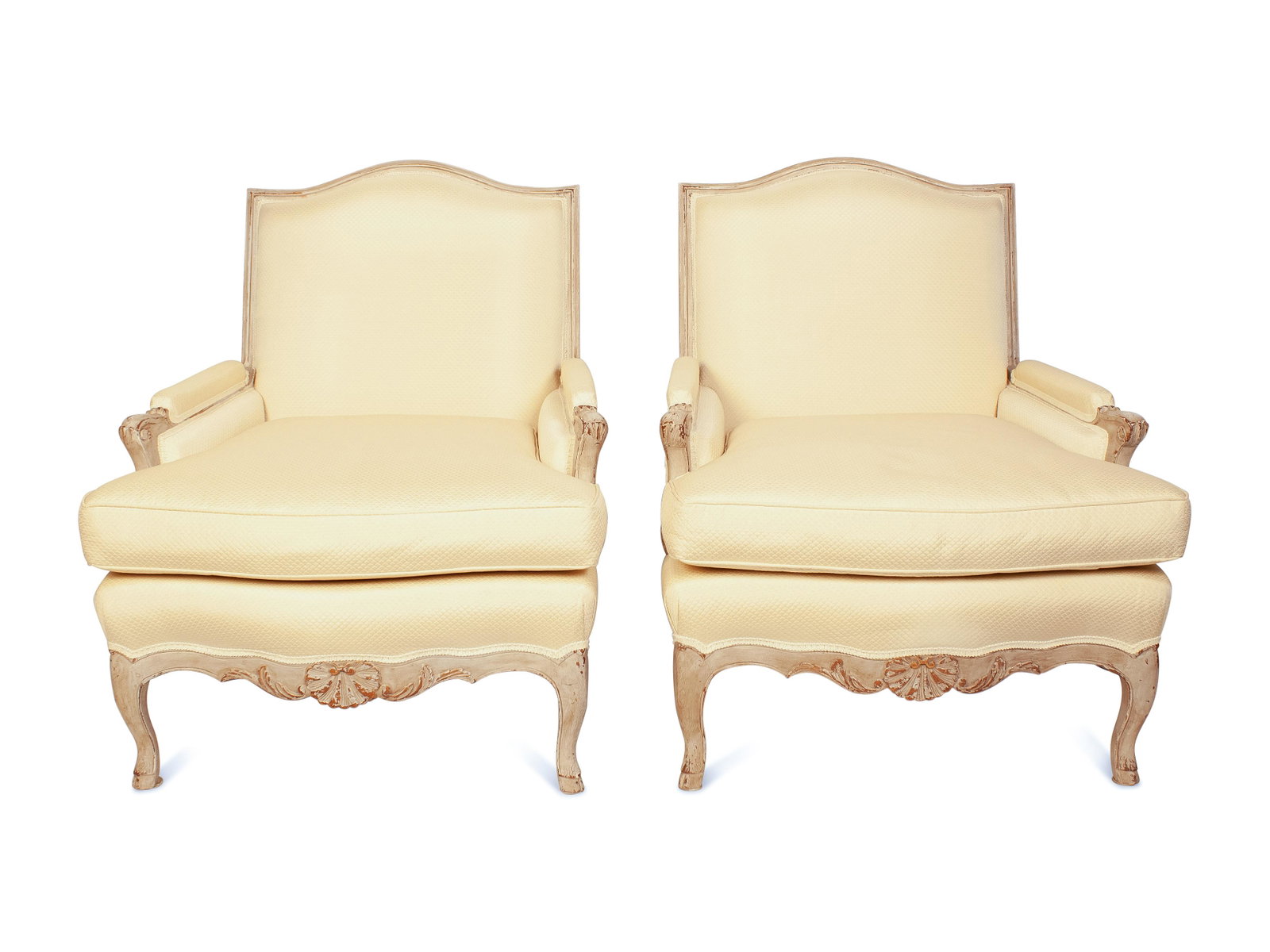 A Pair of Louis XV Style Gray-Painted Bergeres: A Pair of Louis XV Style Gray-Painted Bergeres 20th Century Height 37 1/2 x width 31 1/2 x depth 37 inches. Property from the Estate of Elaine L. Levin, Atlanta, Georgia