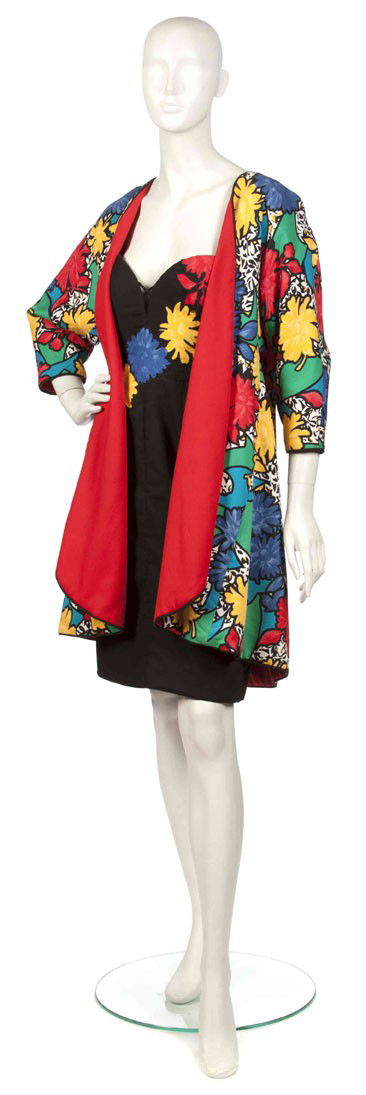 Bob Mackie, (American, b. 1940), Dress Ensemble: Bob Mackie (American, b. 1940) Dress Ensemble black floral satin no size.