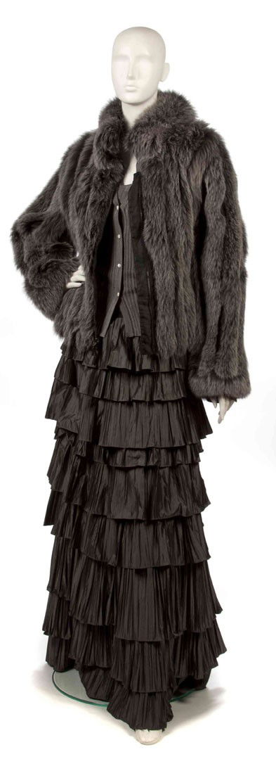 Louis Feraud, (French, 1920-1999), Evening Ensembl: Louis Feraud (French, 1920-1999) Evening Ensemble gray silk and fur size 6.