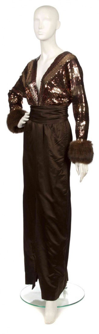 Moroci, (American), Evening Gown: Moroci (American) Evening Gown brown sequin satin no size.