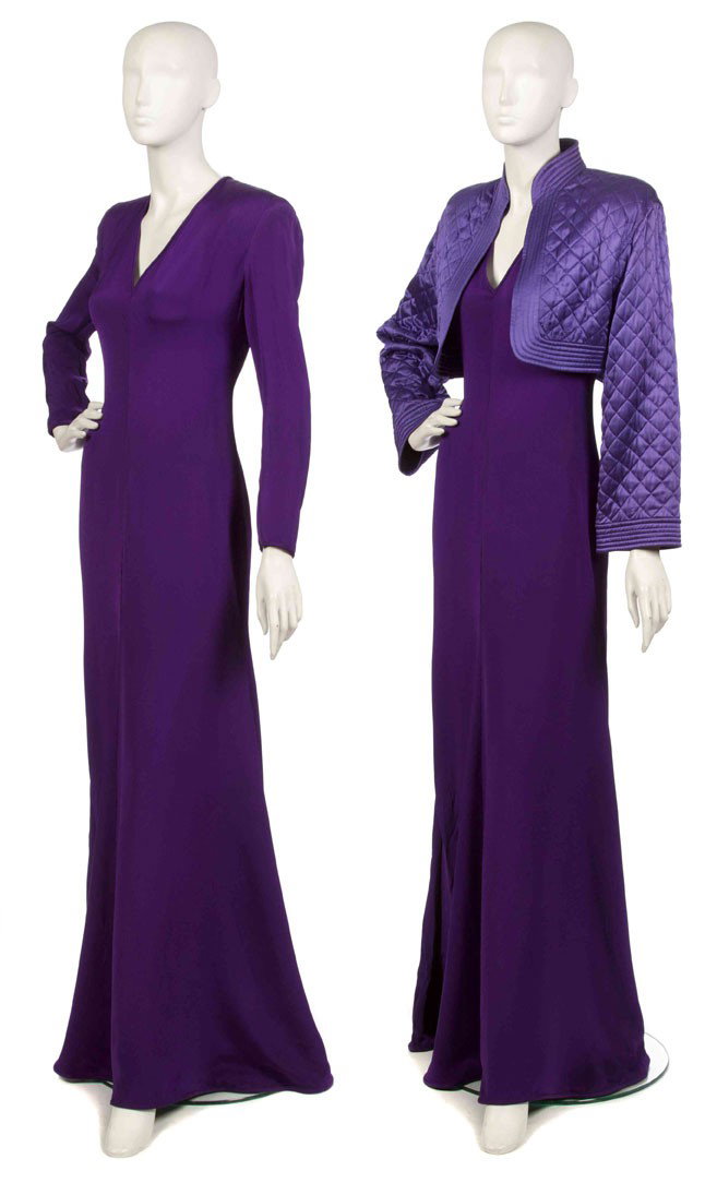 Valentino, (Italian, b. 1932), Evening Gown with J: Valentino (Italian, b. 1932) Evening Gown with Jacket purple silk size 10.