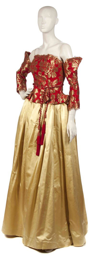Zandra Rhodes, (British, b. 1940), Evening Ensembl: Zandra Rhodes (British, b. 1940) Evening Ensemble red and gold lace and satin no size.