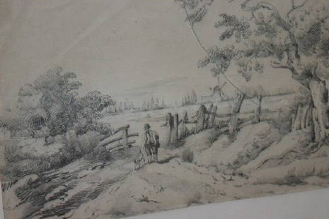 Attributed to Paul Sandby Munn, (English, 1773-1845: Attributed to Paul Sandby Munn (English, 1773-1845) man and dog on country road charcoal signed " P.S. Munn, 1827" (lower right) 10 x 16 inches.