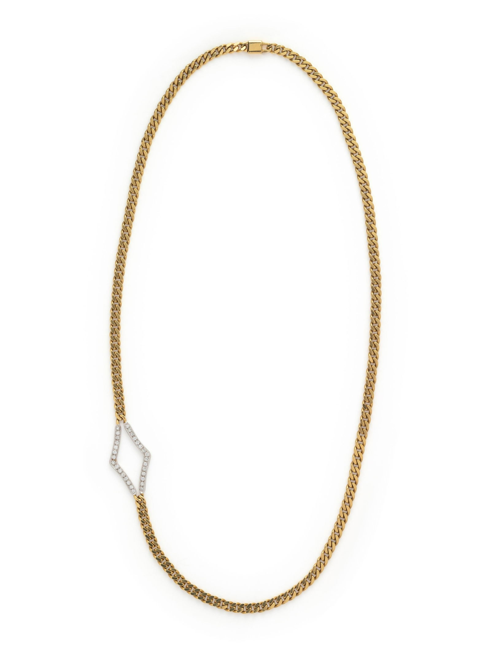 CHIMENTO, BICOLOR GOLD AND DIAMOND NECKLACE: CHIMENTO, BICOLOR GOLD AND DIAMOND NECKLACE Consisting of a yellow gold curb link chain with white gold station containing 30 round brilliant cut diamonds weighing approximately 1.50 carats total. 31