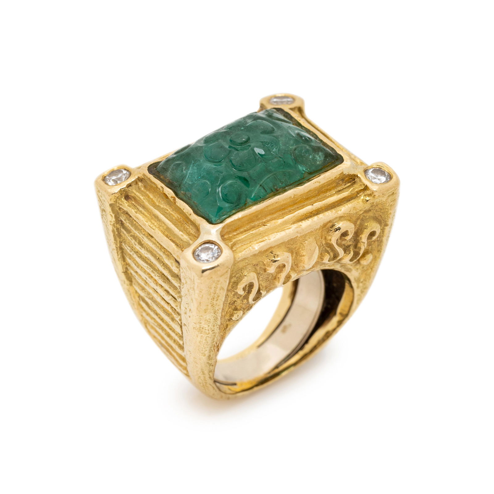 KATY BRISCOE, YELLOW GOLD, CARVED EMERALD AND DIAMOND RING (1 of 4)