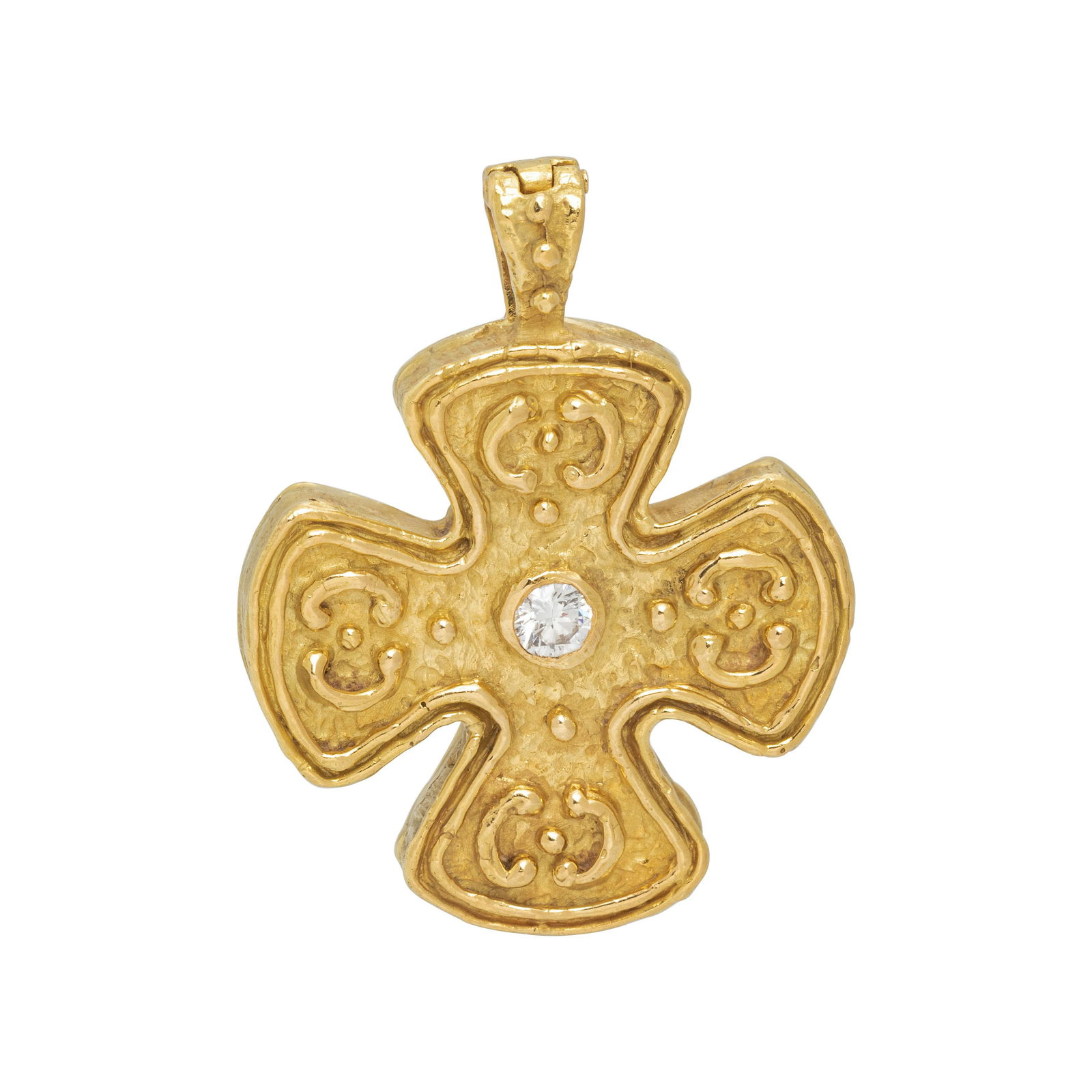 KATY BRISCOE, YELLOW GOLD AND DIAMOND 'MARY CROSS' PENDANT: KATY BRISCOE, YELLOW GOLD AND DIAMOND 'MARY CROSS' PENDANT Consisting of a hammered cross design containing one round brilliant cut diamond weighing approximately 0.25 carat. 1 1/2 x 1 3/16 inches. St