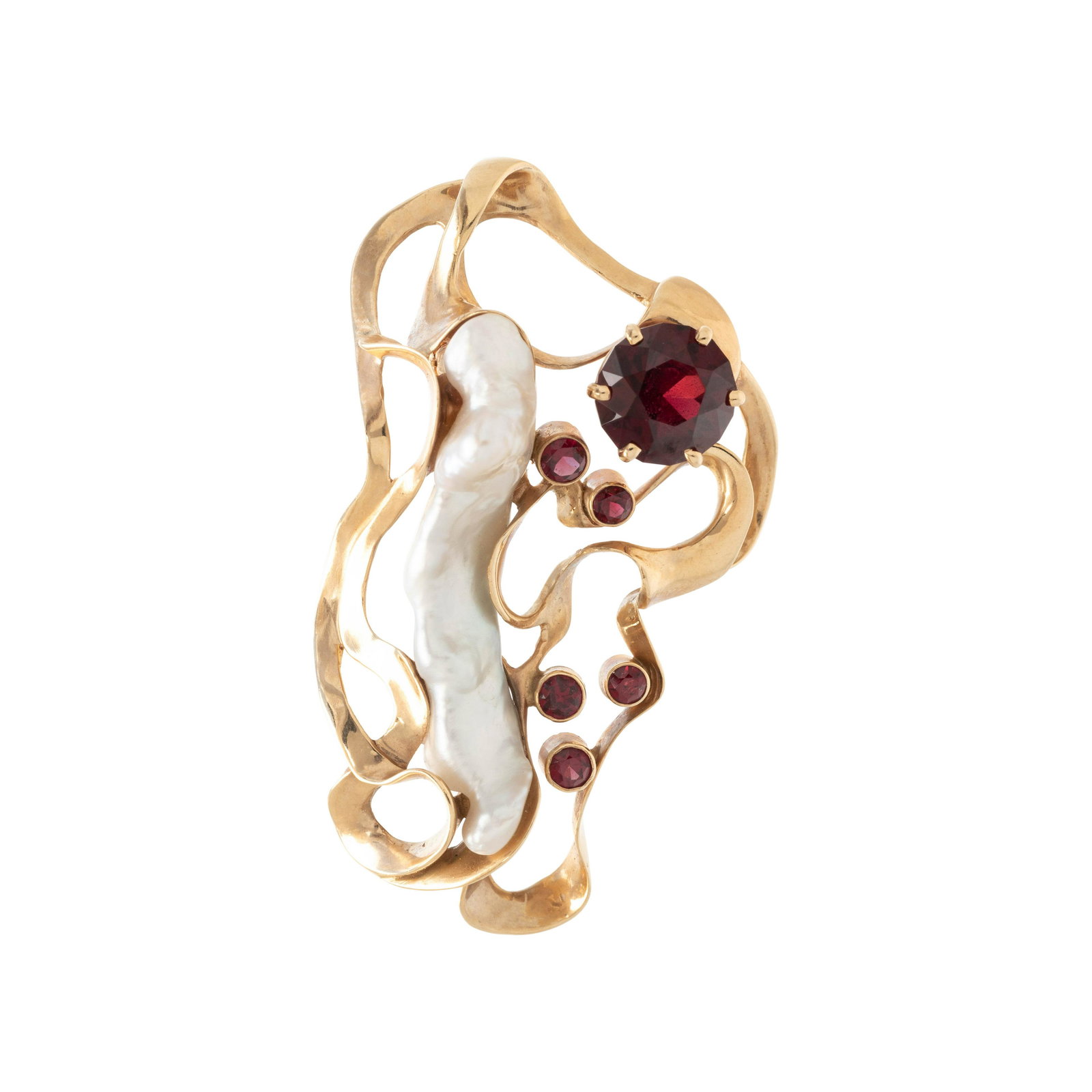 YELLOW GOLD, GARNET AND BAROQUE PEARL PENDANT/BROOCH (1 of 2)