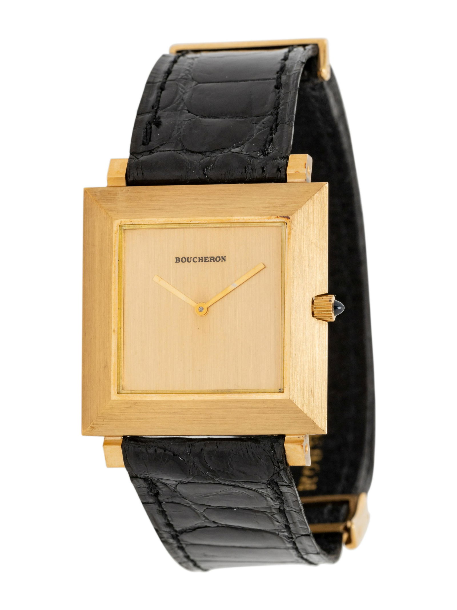 BOUCHERON, 18K YELLOW GOLD WRISTWATCH: BOUCHERON, 18K YELLOW GOLD WRISTWATCH 26.00 x 26.00 mm case dimensions, brushed gold dial and bezel, manual wind movement, black leather strap signed BOUCHERON, sliding yellow gold clasp signed BOUCHE