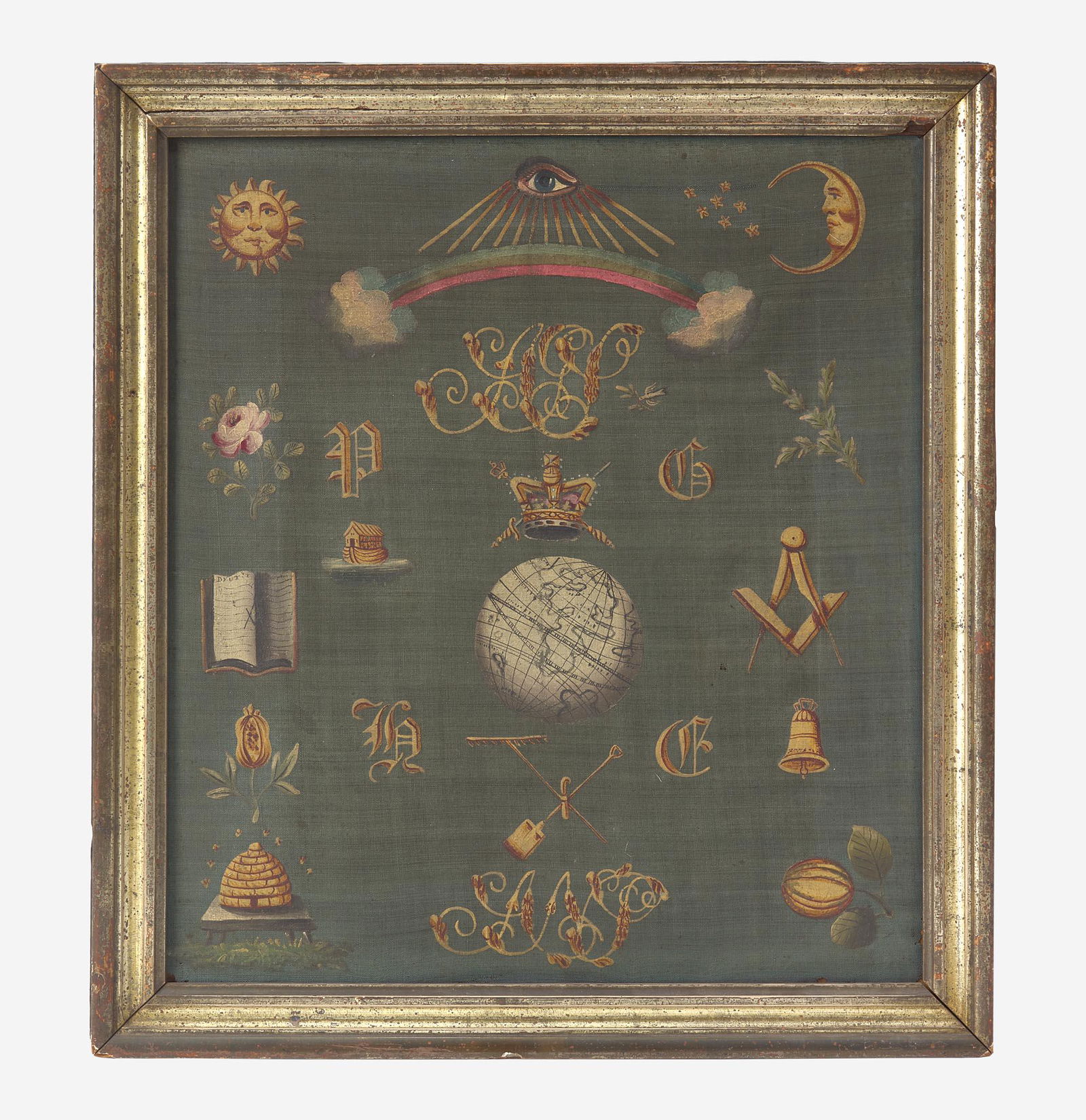 A framed Ancient Order of Free Gardeners painted linen banner England or Scotland, late 18th / early: A framed Ancient Order of Free Gardeners painted linen banner England or Scotland, late 18th / early 19th century Painted with working tools, plants, sun and moon and Masonic devices. (18 1/4 in. x 16