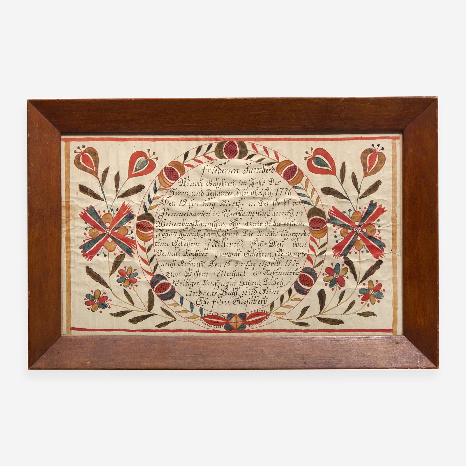 A Fraktur birth and baptism record for Friederica Vamberg Johann Conrad Gilbert (1734-1812) (1 of 2)