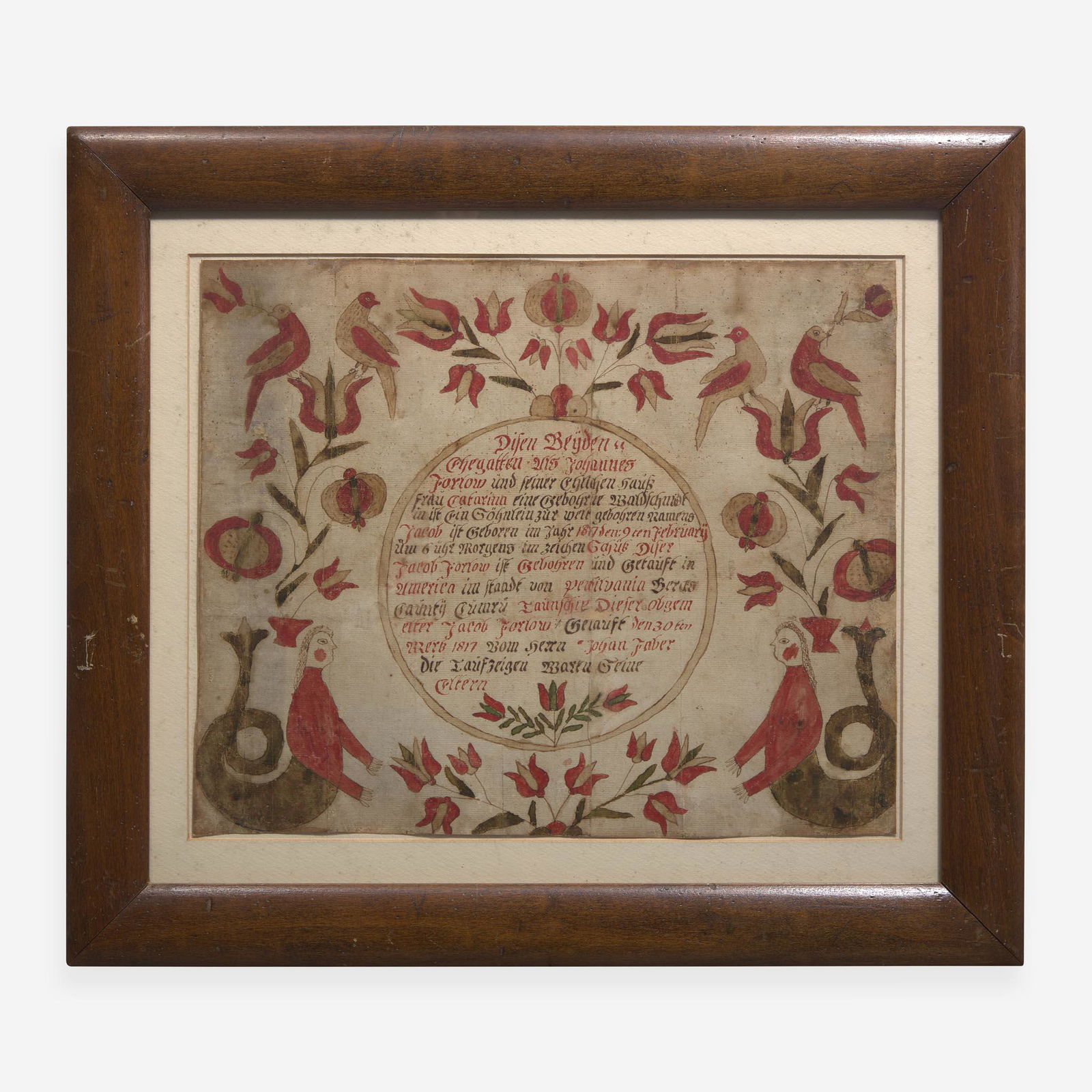 A Fraktur birth and baptism record for Jacob Farlow (1817-1877) Berks County, PA (1 of 2)