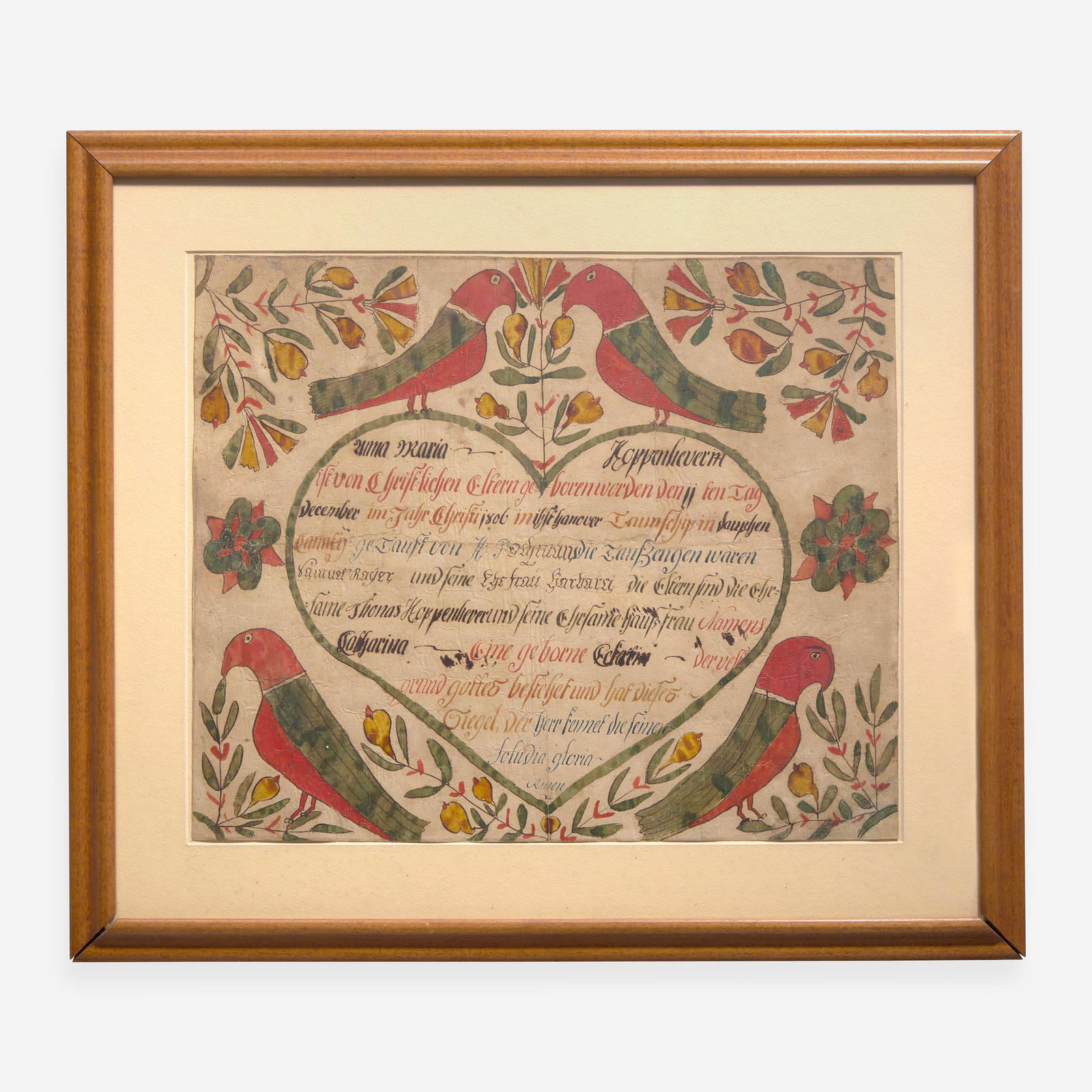 A Fraktur birth record for Anna Maria Koppenhever, Dauphin County Johann Conrad Trevitts (active (1 of 2)