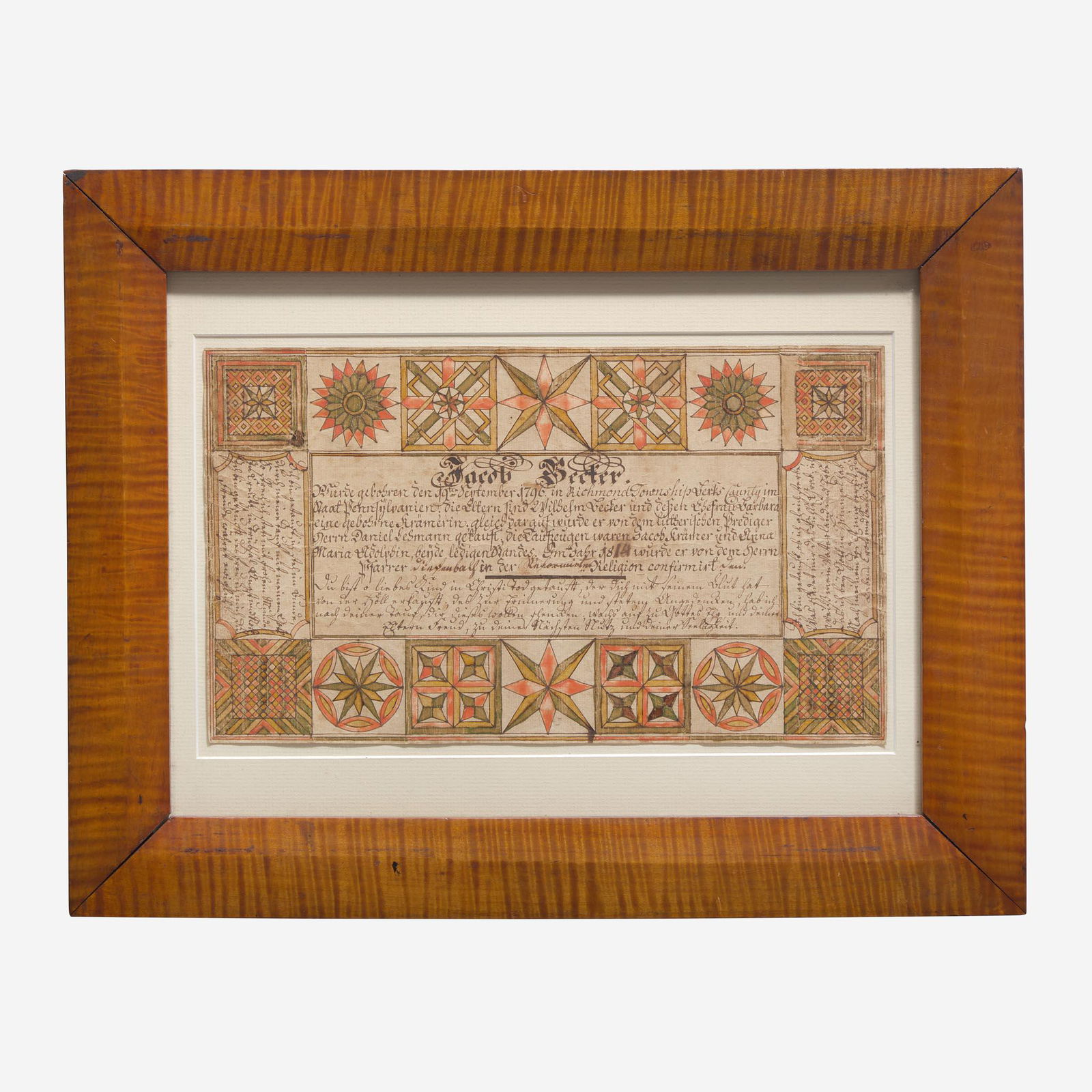 A Fraktur birth and baptism record for Jacob Bechter (b. 1796) Attributed to the Wetzel Geometric (1 of 2)