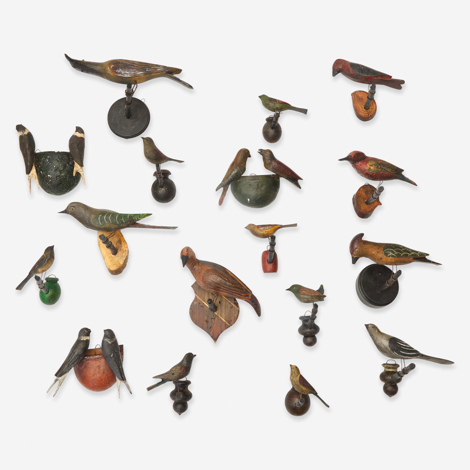 A group of seventeen carved and painted wood birds or bird groups (1 of 1)