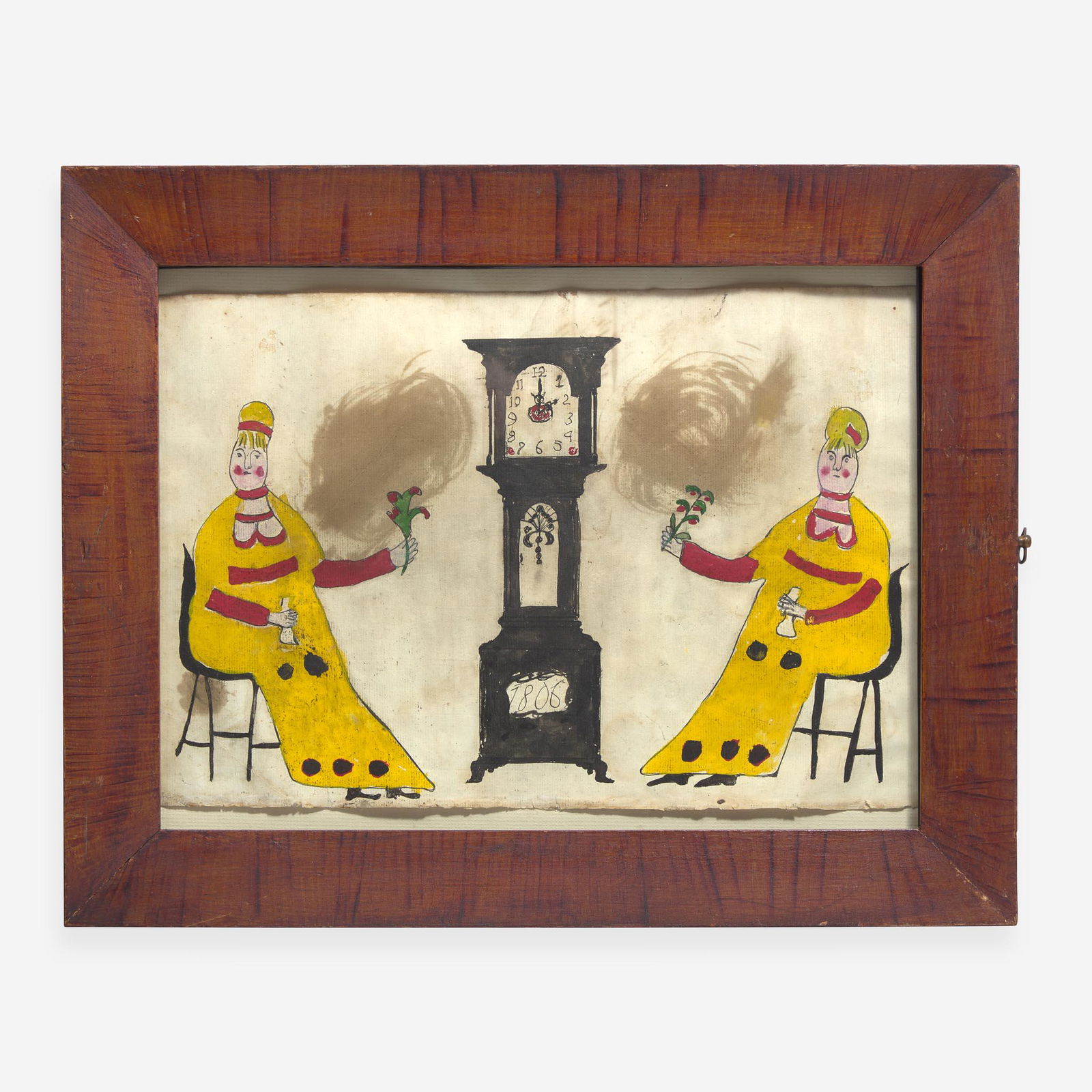 American School 19th / 20th century Two Seated Ladies with Fans Flanking a Tall Case Clock, dated (1 of 2)