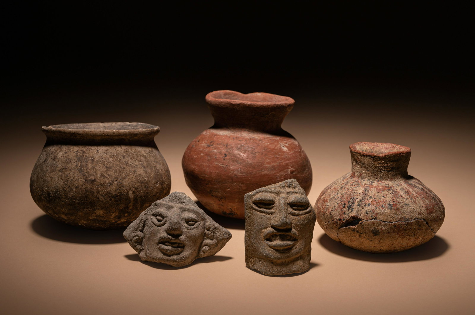 Three Pre-Columbian Terracotta Bowls and Two Face Fragments (1 of 3)