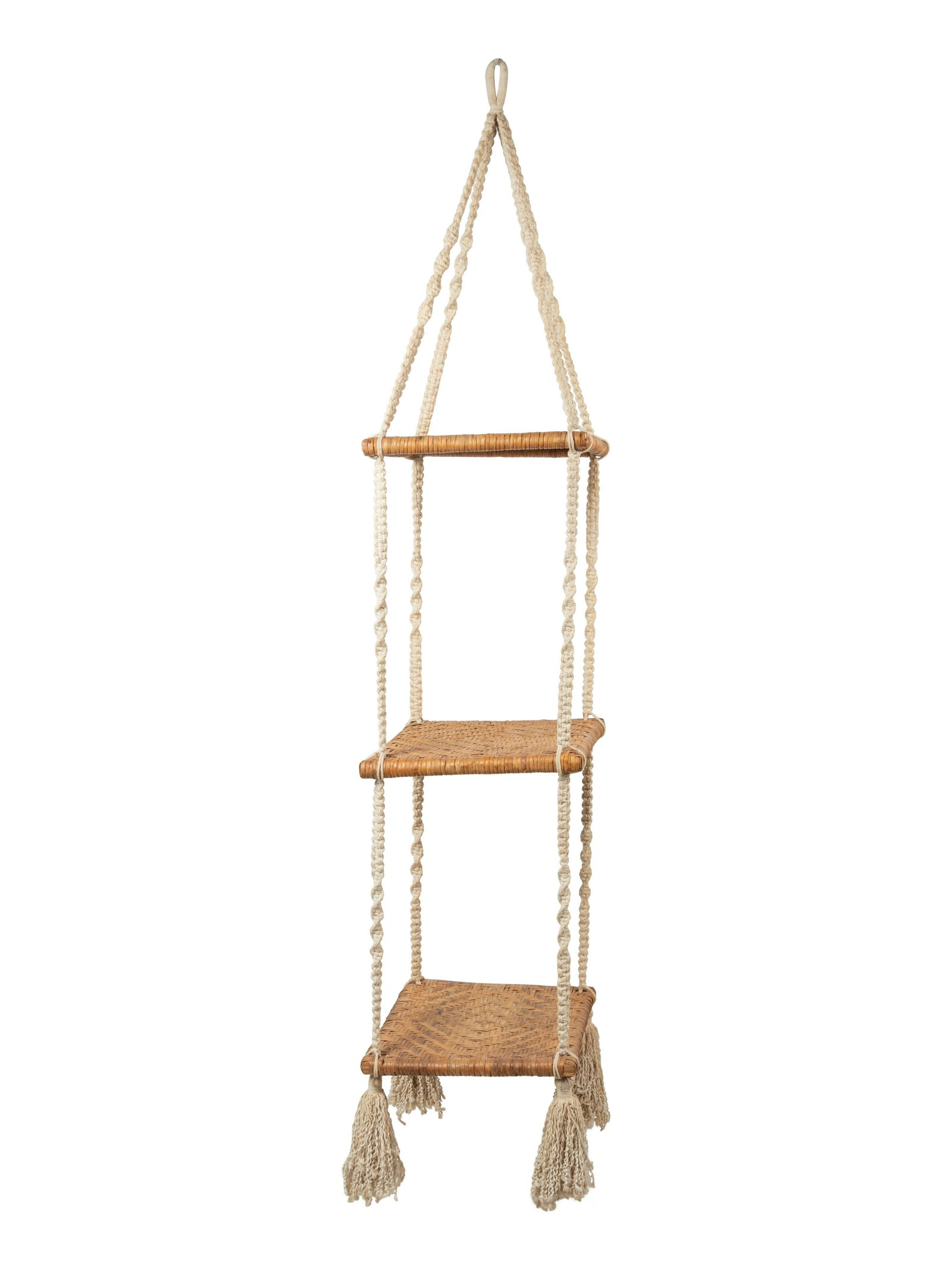 A Three-Tier Cord and Rattan Hanging Shelf Unit (1 of 4)