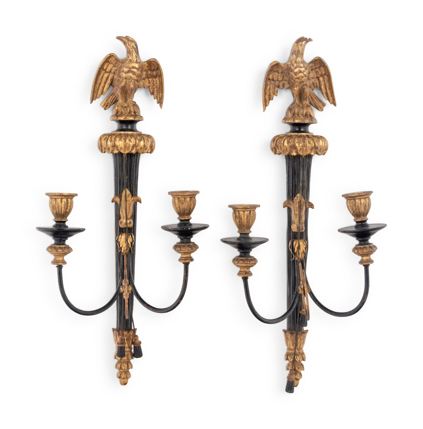 A Pair of Italian Gilt and Ebonized Wood and Tole Two-Light Sconces (1 of 3)