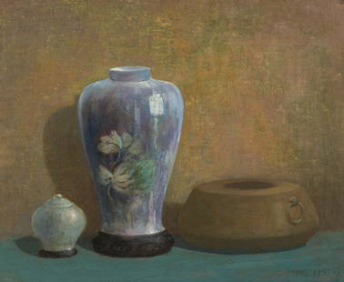 Ernest Albert (American, 1857-1946): Ernest Albert (American, 1857-1946) Pale Plum Colored Jar, 1934 oil on canvas signed Ernest Albert A.M.A. and dated (lower right) 20 1/4 x 24 inches. 