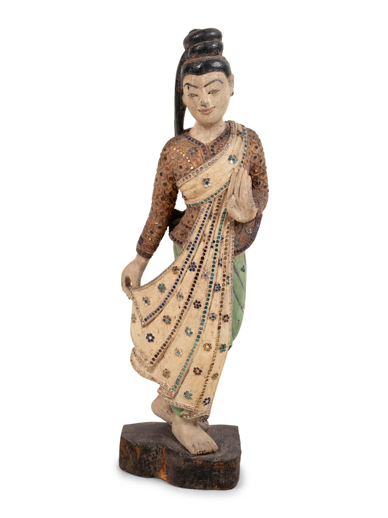A Chinese Mica-Inset Carved and Polychrome Decorated Wood Standing Female Deity (1 of 5)