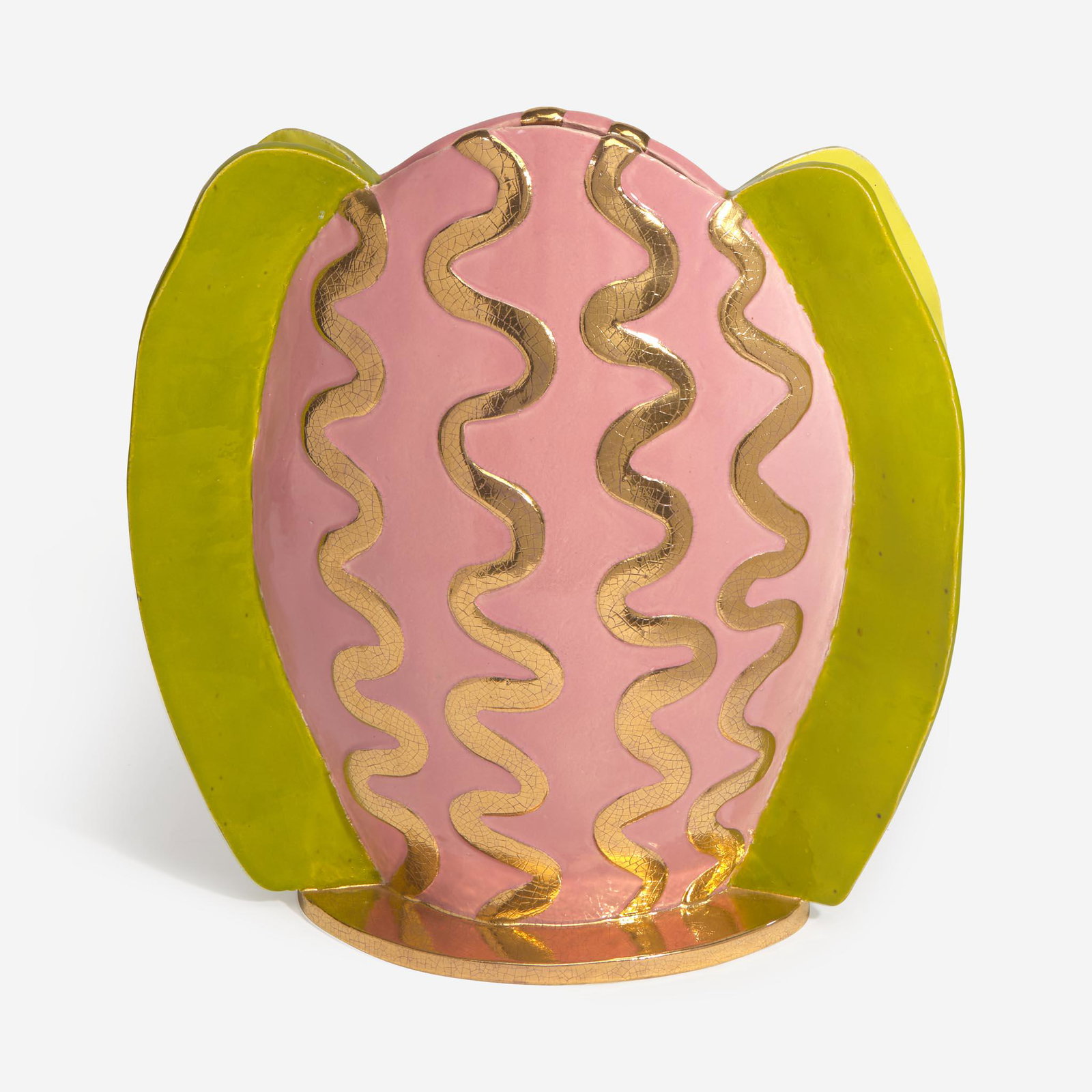 Howard Kottler (American, 1930-1989) Sculptural Vessel, USA, circa 1967-68: Howard Kottler (American, 1930-1989) Sculptural Vessel, USA, circa 1967-68 Polychrome and luster-glazed ceramicIncised signature: "KOTTLER" (H: 18 1/2, W: 17 5/8, D: 7 3/8 in.)Qty: (1)