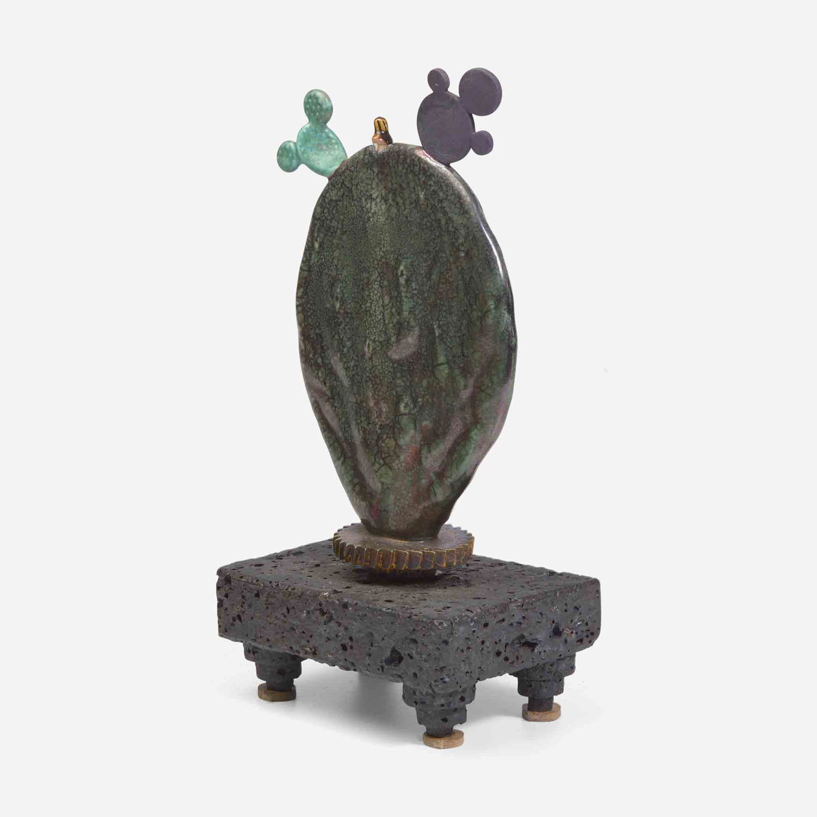 Adrian Saxe (American, b. 1943) Sculptural Cactus Oil Lamp, USA, circa 1980s: Adrian Saxe (American, b. 1943) Sculptural Cactus Oil Lamp, USA, circa 1980s Glazed ceramic, cottonWith removable cotton wick and ceramic wick holderSigned to underside of base: "SAXE" (H: 12 1/2, W: