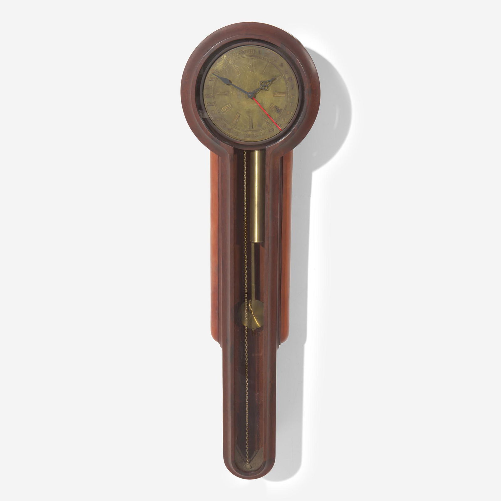 John Cederquist (American, b. 1946) Early Wall Clock, USA, circa 1970s: John Cederquist (American, b. 1946) Early Wall Clock, USA, circa 1970s Wood, leather, glass, mixed metal clock mechanismUnmarked (H: 47 1/4, W: 13 1