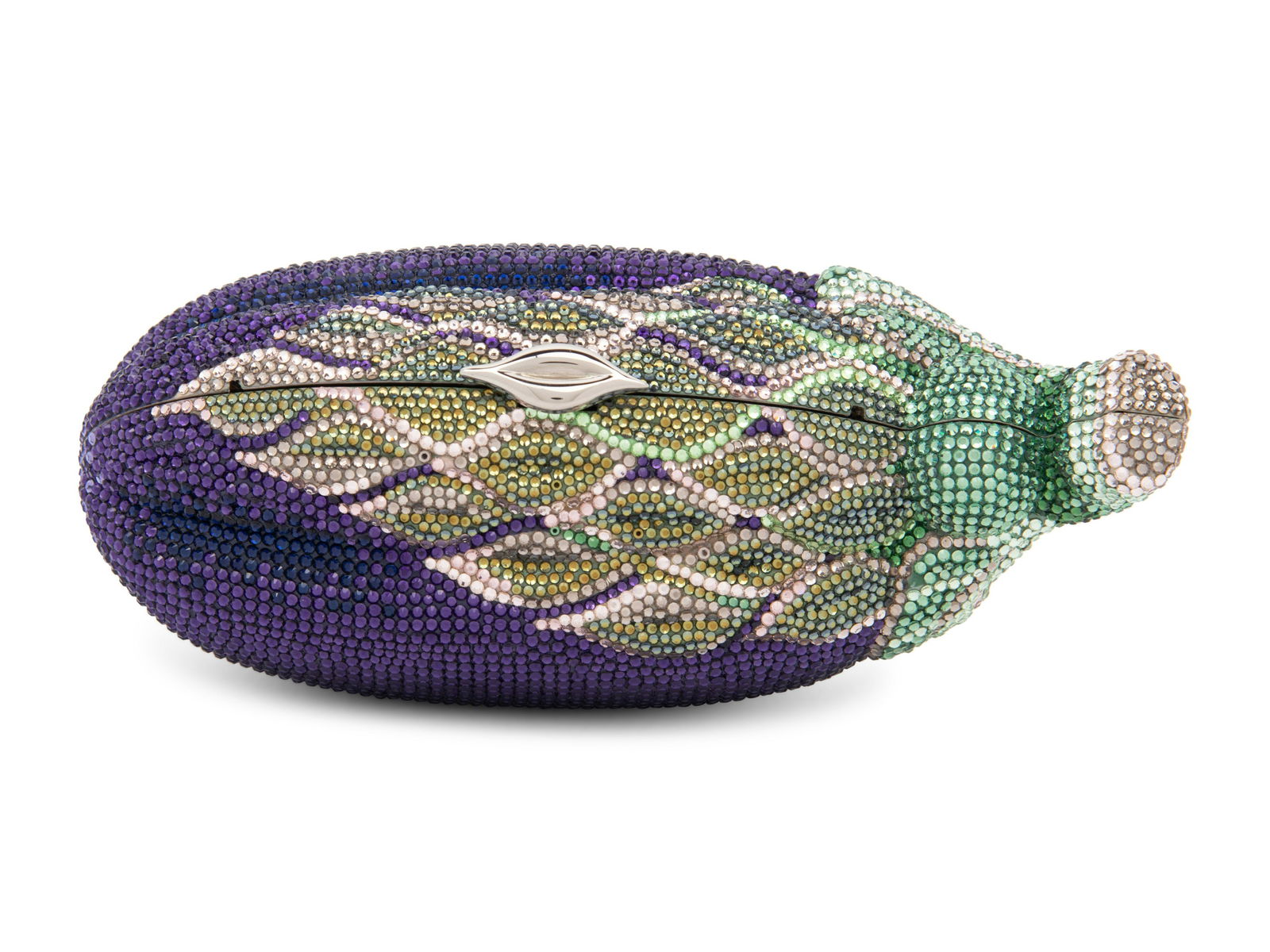 Judith Leiber Collector's Edition Eggplant Minaudiere: Judith Leiber Collector's Edition Eggplant Minaudiere Eggplant minaudiere encrusted with purple, green, and pink crystals on a silver-tone metal frame with silver leather lining, detachable retractabl