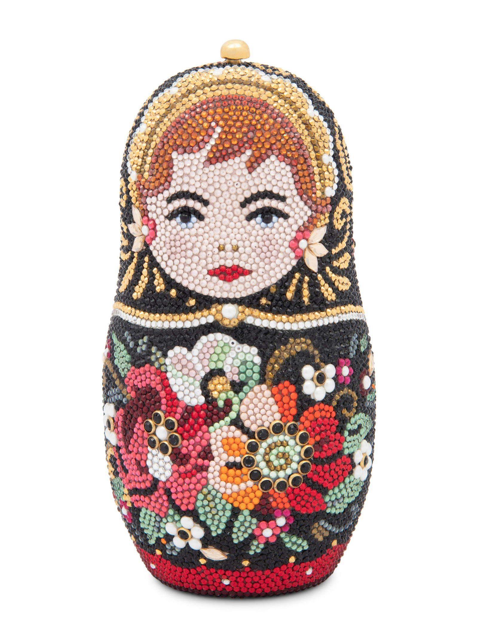 Judith Leiber Collector's Edition Nesting Doll Minaudiere: Judith Leiber Collector's Edition Nesting Doll Minaudiere Nesting doll minaudiere encrusted with multicolored crystals in a variety of shapes and sizes on gold-tone frame with gold leather lining, a r