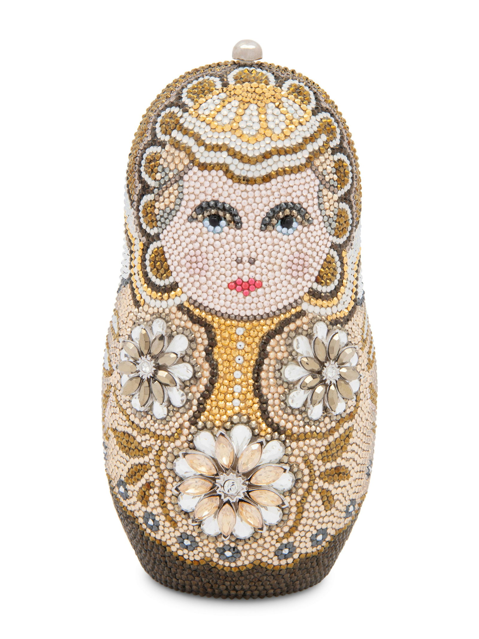 Judith Leiber Collector's Edition Nesting Doll Minaudiere: Judith Leiber Collector's Edition Nesting Doll Minaudiere Nesting doll minaudiere encrusted with multicolored crystals with three raised flowers made of faceted crystals set into silver-tone metal on