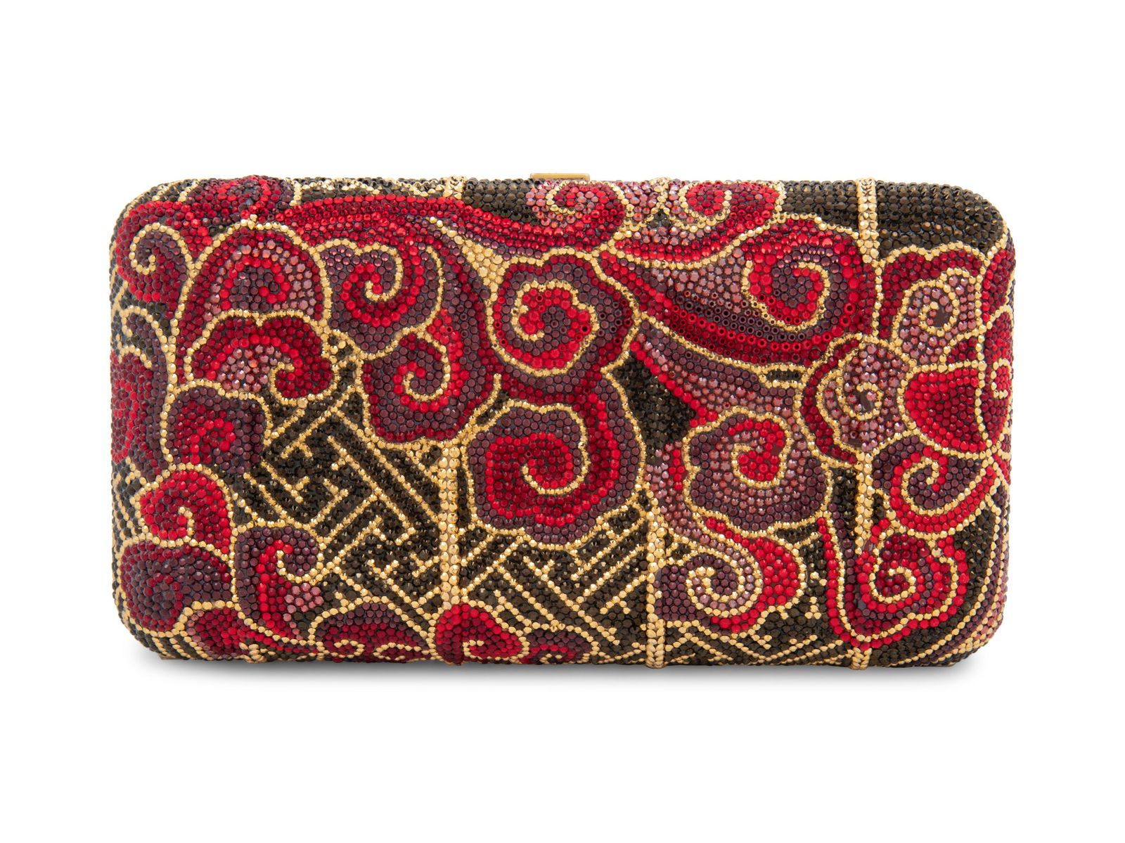 Judith Leiber Japanese Cloud Motif Minaudiere : Judith Leiber Japanese Cloud Motif Minaudiere Japanese cloud motif with geometric lines minaudiere encrusted with red, black, yellow, and purple crystals and made with a gold-tone metal frame,