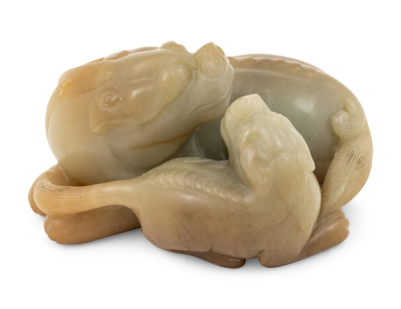 A Chinese Celadon and Russet Jade Carving of Two Mythical Beasts 20TH CENTURY Length 3 3/4 inches. (1 of 5)