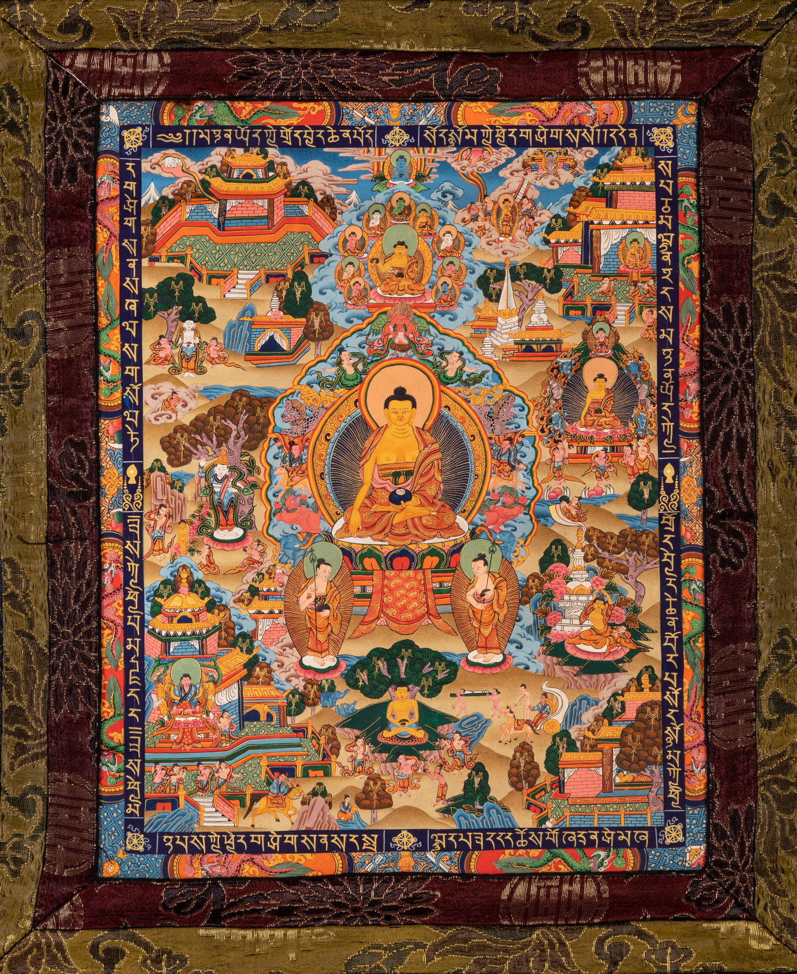 A Tibetan Thangka: A Tibetan Thangka 20th Century painted to depict the life of Buddha. Image: 14 1/4 x 17 1/2 in., 36.2 x 44.5 cm. Property from a Private Collector, Florida