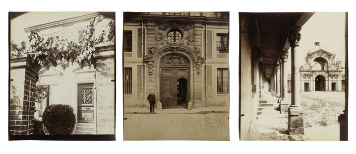 Eugene Atget (French, 1857-1927) A group of three photographs (Vigne, 1910 or earlier; Porte, avenue: Eugene Atget (French, 1857-1927) A group of three photographs (Vigne, 1910 or earlier; Porte, avenue de Paris (Versailles), 1922; Fontainebleau, cour ovale, 1903) albumen silver and printing out paper