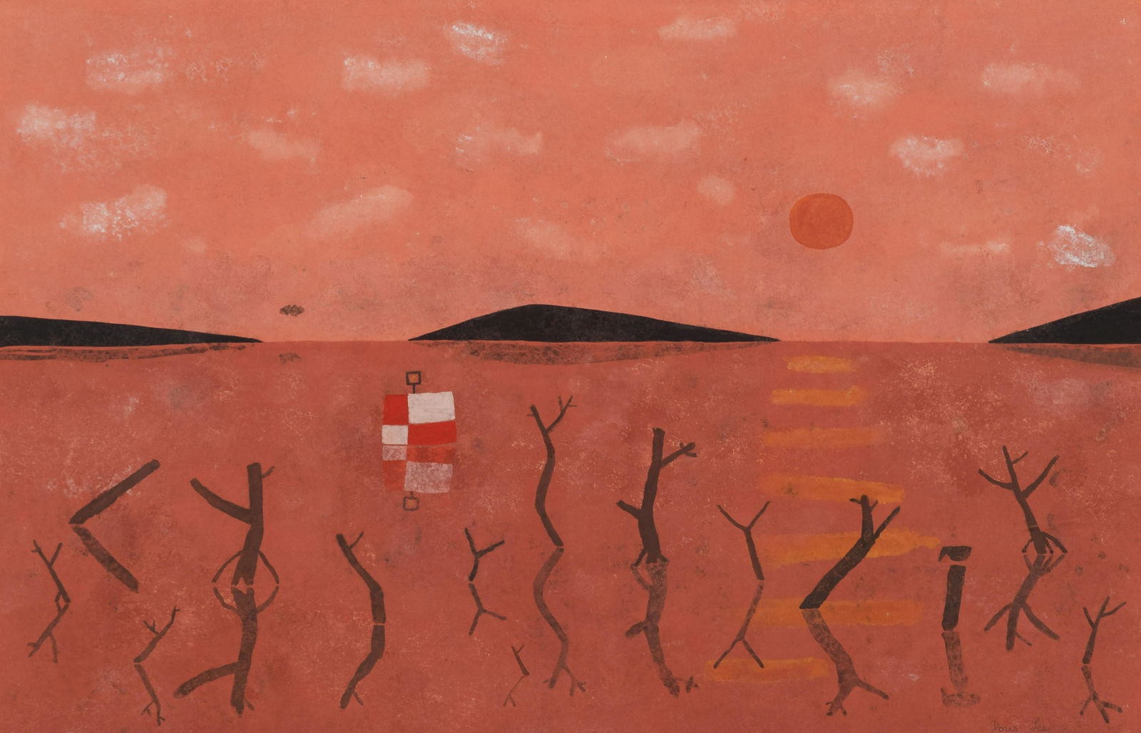 Doris Emrick Lee (American, 1905-1983) Florida Sunset, c. 1950: Doris Emrick Lee (American, 1905-1983) Florida Sunset, c. 1950 gouache on board signed Doris Lee (lower right) 18 3/4 x 29 inches. Provenance: World House Galleries, New York (label verso) D. Wigmore