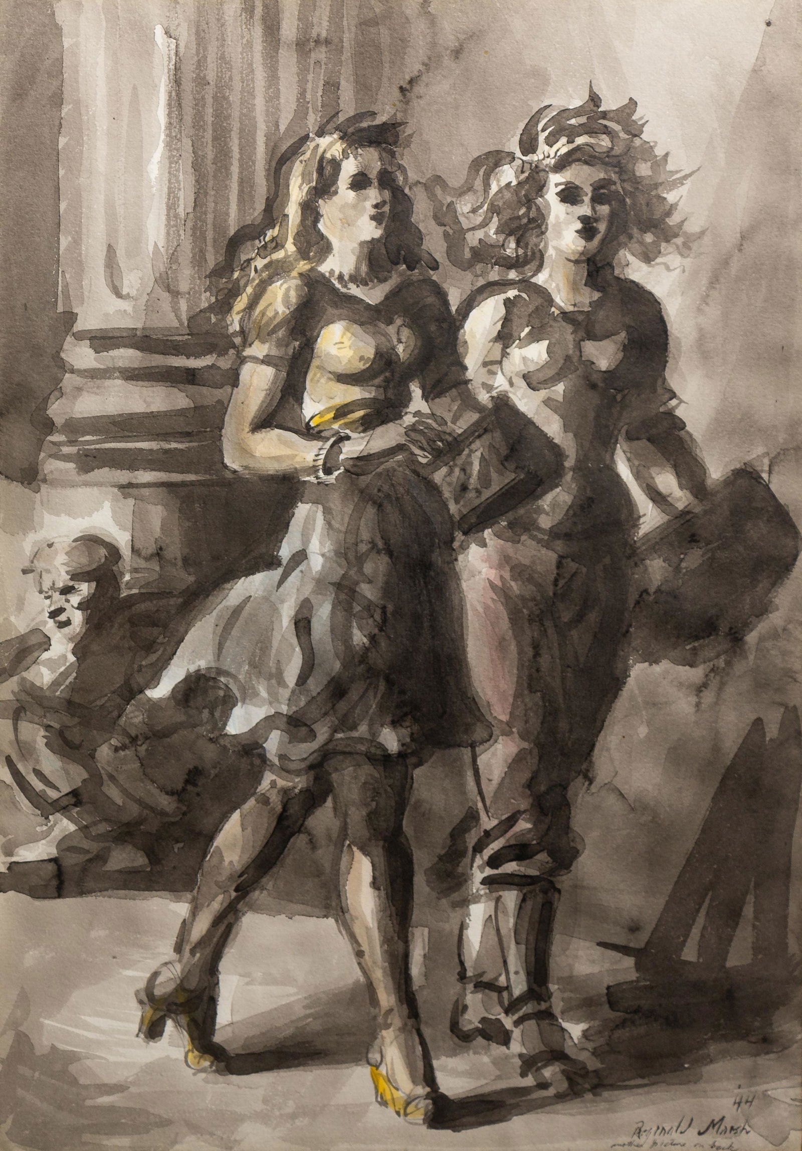 Reginald Marsh (American, 1898-1954) Girls Strolling (a double-sided work), 1943-44: Reginald Marsh (American, 1898-1954) Girls Strolling (a double-sided work), 1943-44 watercolor and ink wash on paper signed Reginald Marsh and dated (lower right) 19 3/8 x 13 1/2 inches. Property from