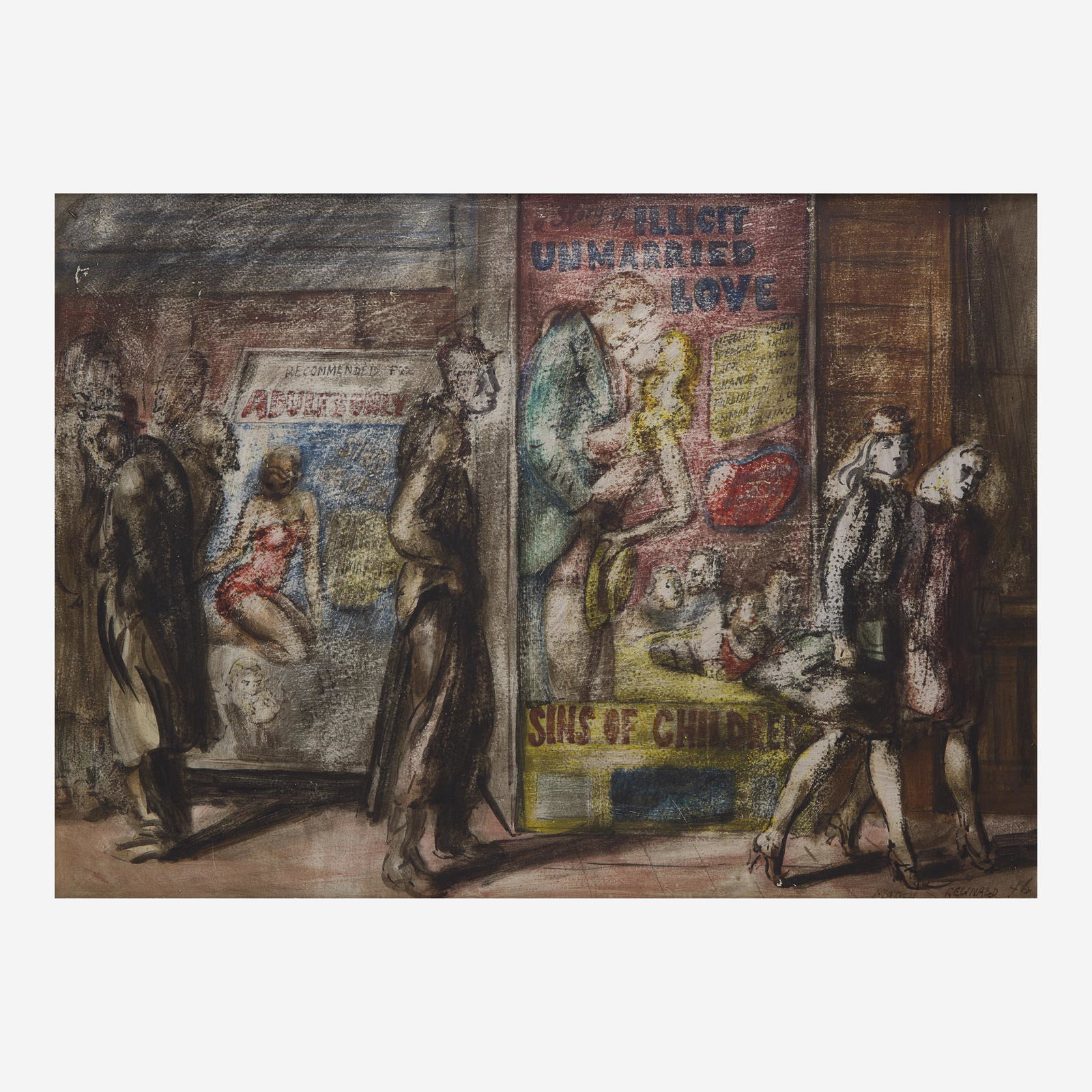 Reginald Marsh (American, 1898-1954) 42nd St Movies, 1946: Reginald Marsh (American, 1898-1954) 42nd St Movies, 1946 Signed and dated 'MARSH. REGINALD - 46' bottom right, egg tempera on illustration board22 x 30 in. (55.9 x 76.2cm)