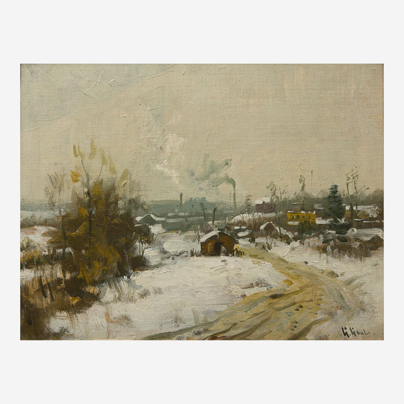 Gilbert Gaul (American, 1855-1919) Industrial Winter Landscape: Gilbert Gaul (American, 1855-1919) Industrial Winter Landscape Signed 'G.Gaul' bottom right, oil on board 11 1/2 x 14 in. (29.2 x 35.6cm) Provenance Private Collection, Pennsylvania.