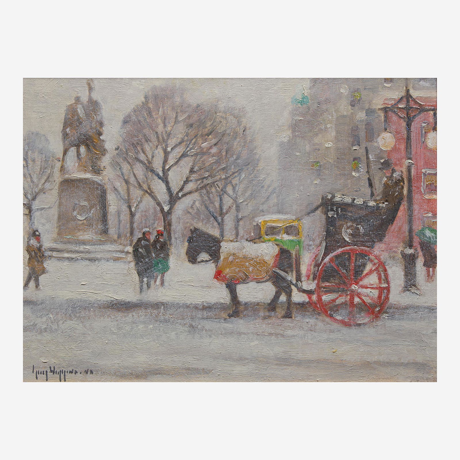Guy Carleton Wiggins (American, 1883–1962) Entrance to Central Park, Winter: Guy Carleton Wiggins (American, 1883–1962) Entrance to Central Park, Winter Signed 'Guy Wiggins. NA' bottom left; also titled and signed verso, oil on canvasboard12 x 16 in. (30.5 x 40.6cm) Pro