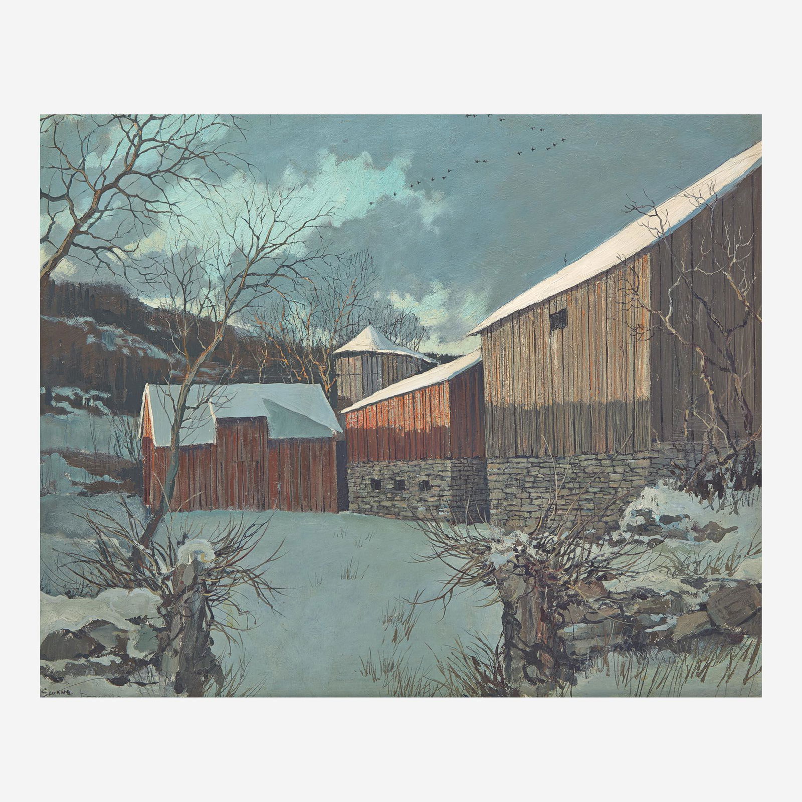 Eric Sloane (American, 1905–1985) February (New Milford, CT): Eric Sloane (American, 1905–1985) February (New Milford, CT) Signed 'SLOANE' and titled (underlined) bottom left; also signed, and located 'Eric Sloane/New Milford/Conn' verso, oil on Masonite20