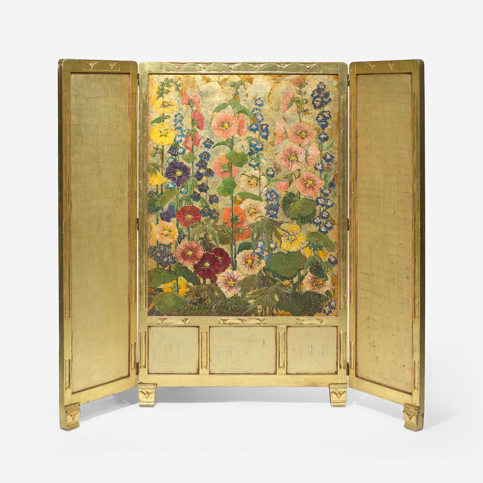 Mary Elizabeth Price (American, 1877–1965) Hollyhock and Delphinium Screen: Mary Elizabeth Price (American, 1877-1965) Hollyhock and Delphinium Screen Signed 'M.ELIZABETH.PRICE' bottom center right, oil with gold and silver leaf on MasoniteMain panel: 39 1/2 x 29 1/2 in. (100