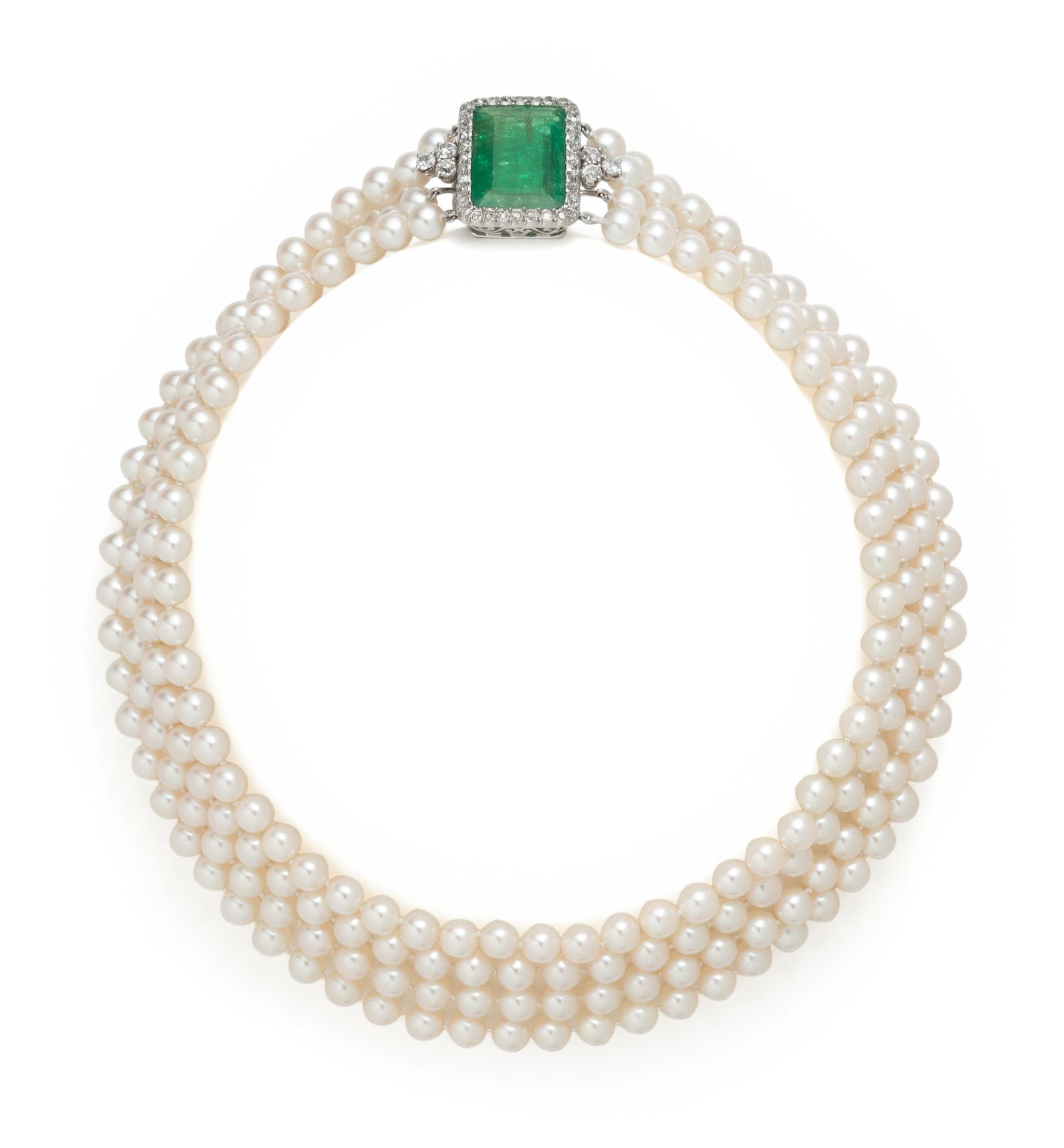 CULTURED PEARL, EMERALD AND DIAMOND MULTISTRAND NECKLACE (1 of 3)